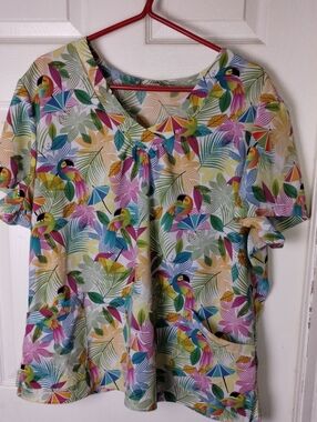 White Cross Multicolor Tropical Toucan V-Neck Tunic 2XL